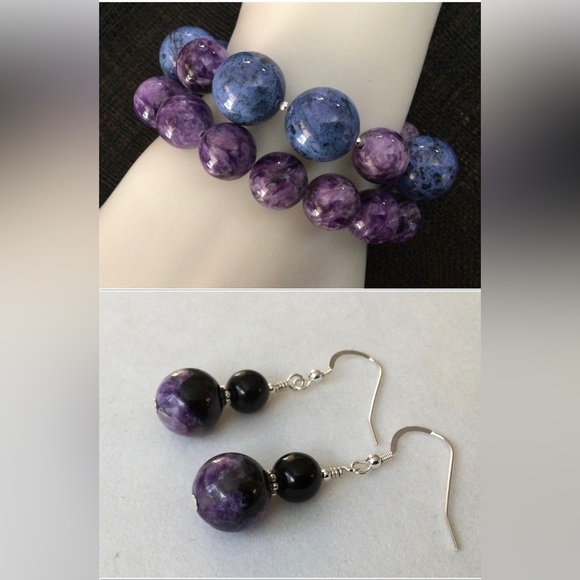 NWT Black Jade, Charoite & Sterling Earrings - c 40 tcw Natural Mineral Gems - Picture 6 of 6